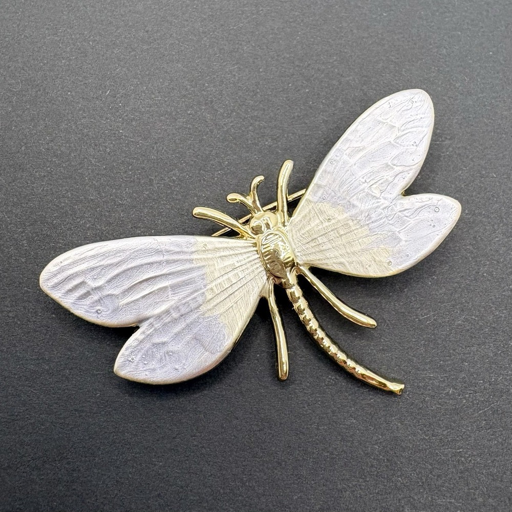 Vintage Dragonfly Bug Insect Broochโ Pin Gold Tone Enamel 2"